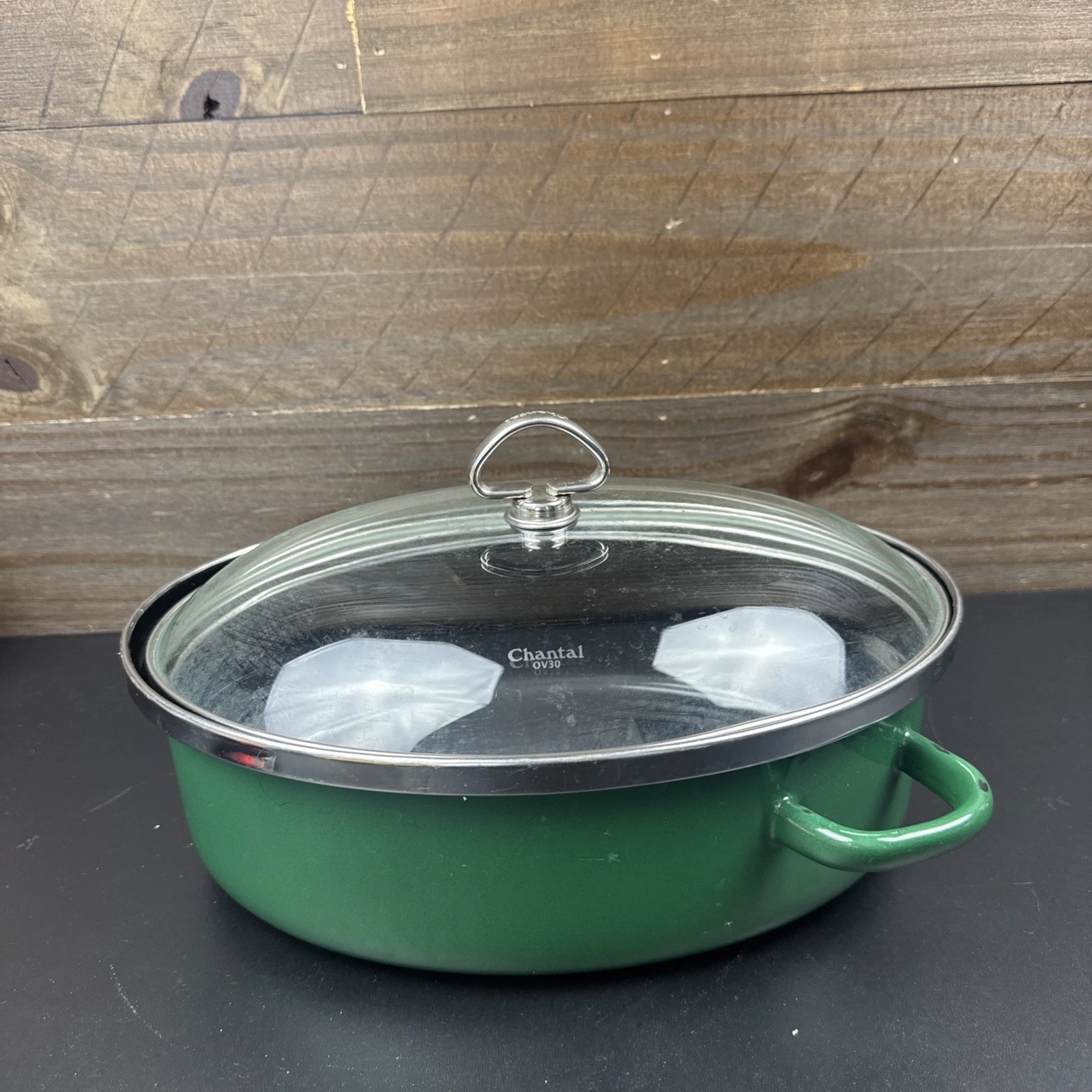 Chantal Enamel On Steel Green Roaster Pan Dutch Oven Oval Dome W/ Glass Lid OV30