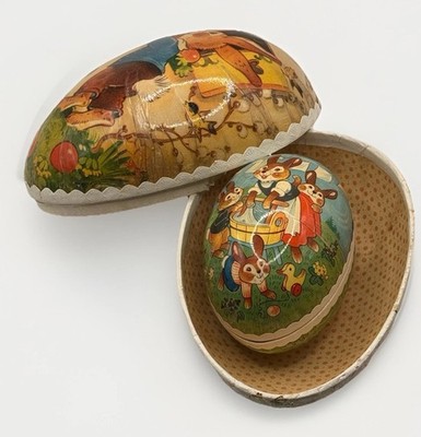 German Paper Mache Vintage Fillable Nesting Easter Egg Set(2) 7  & 4.5  Detailed