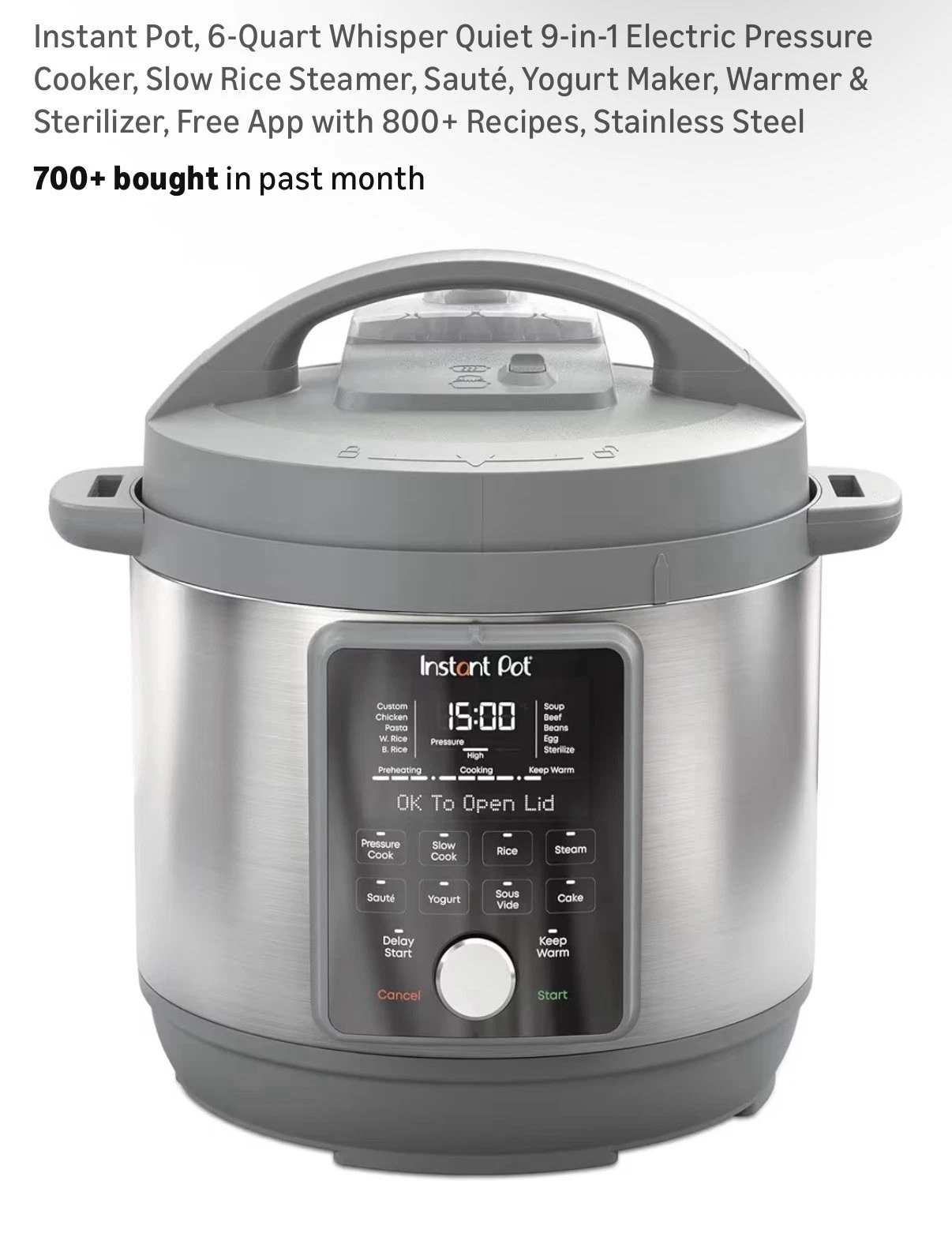 Instant Pot, 6-Quart Whisper Quiet 9-in-1 Electric Pressure Cooker, NEW IN BOX