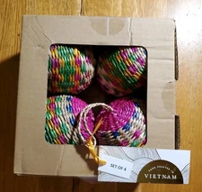 Wicker Rattan Set of 4 Ball Christmas Tree 4" Holiday Ornaments - Handcrafted 