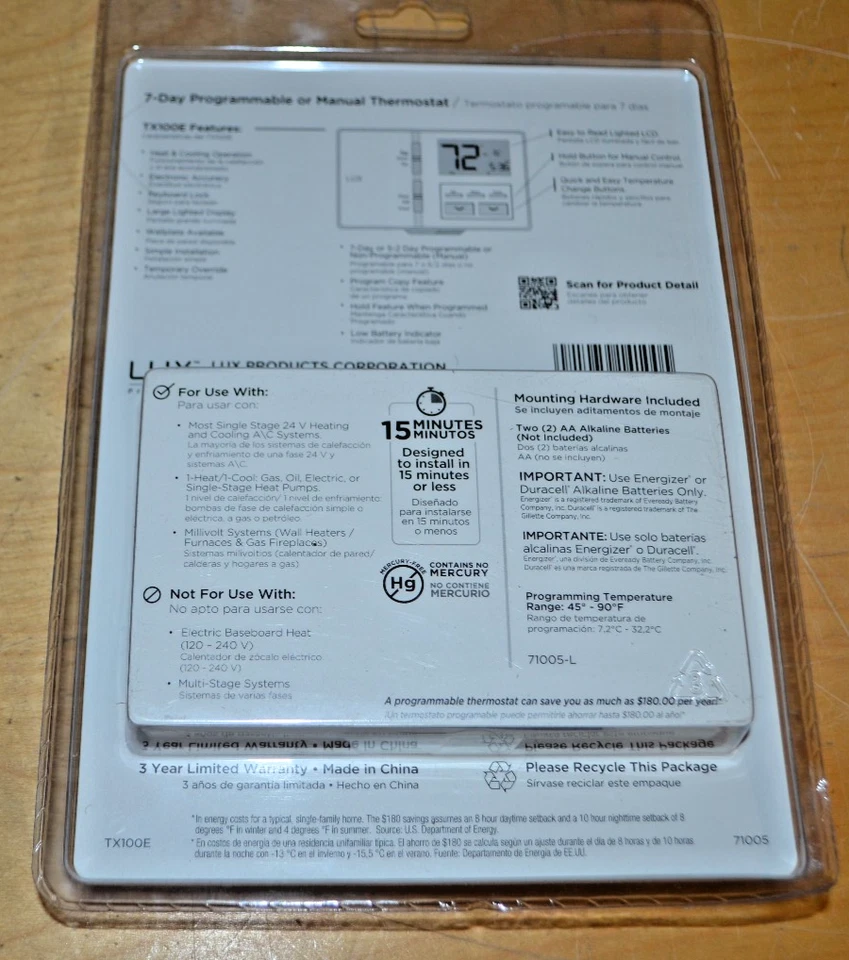Lux ~ TX100E ~ 7 Day Programmable Or Manual Thermostat Battery Powered USA (C) - Image 3 of 3