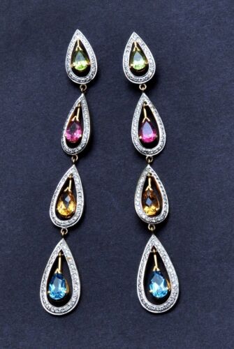 Pave 1.76 Cts Round Brilliant Cut Natural Diamonds Dangle Earrings In 18K Gold - Picture 2 of 7