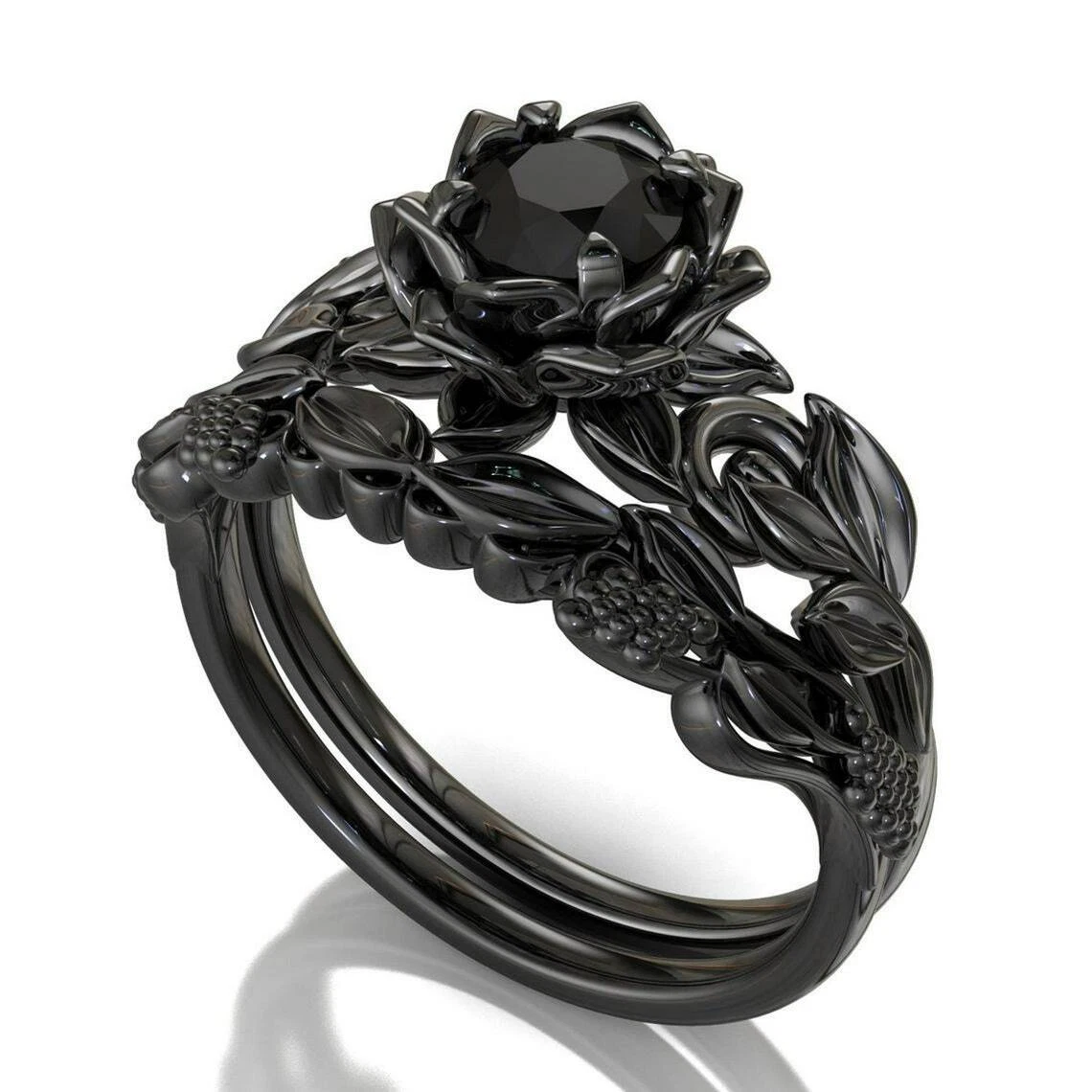 Black Lotus Flower Rings 1.30CT Round Cut Black Stone Flower Leaf