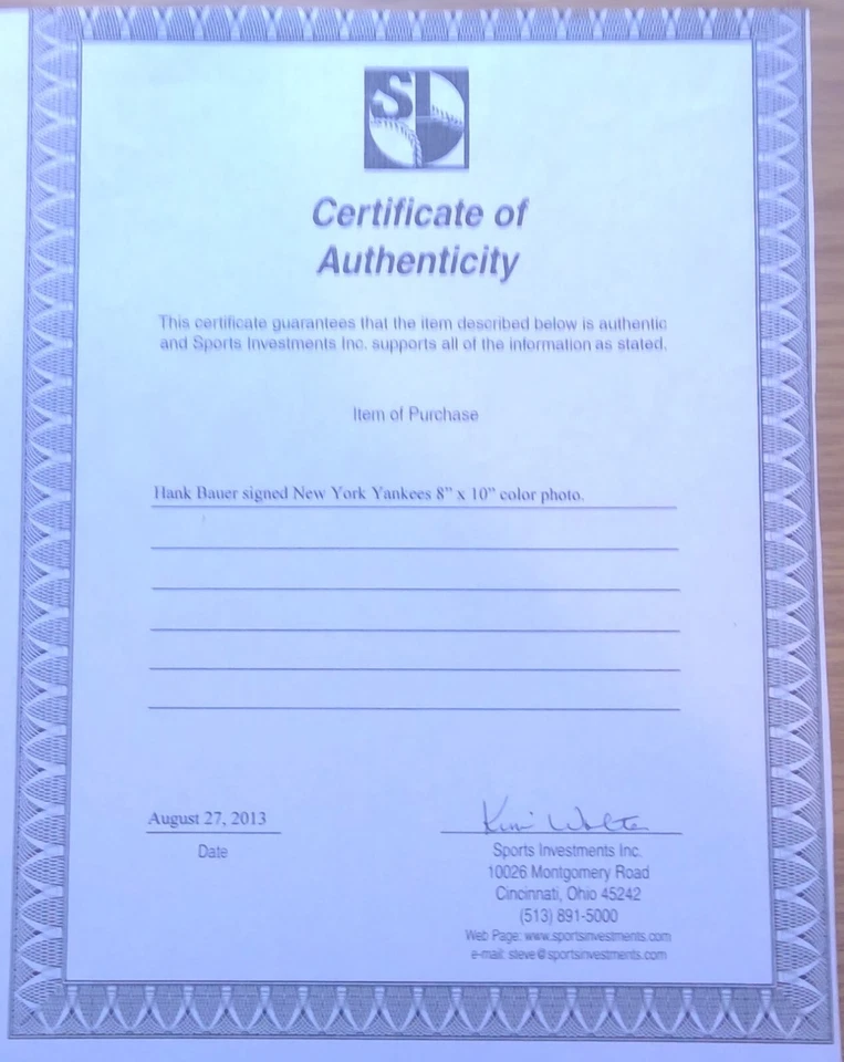 Hank Bauer 8x10 Photo Autograph New York Yankees - Image 2 of 2