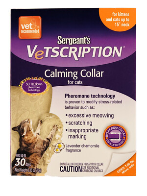 New! Sergeants Vetscription Calming Collar For Cats 30 Days, 1 Collar