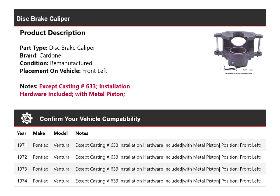 Pinza de freno de disco delantera izquierda cardone 1972 1973 para Pontiac Ventura 1971-1974 Foto 2 de 4