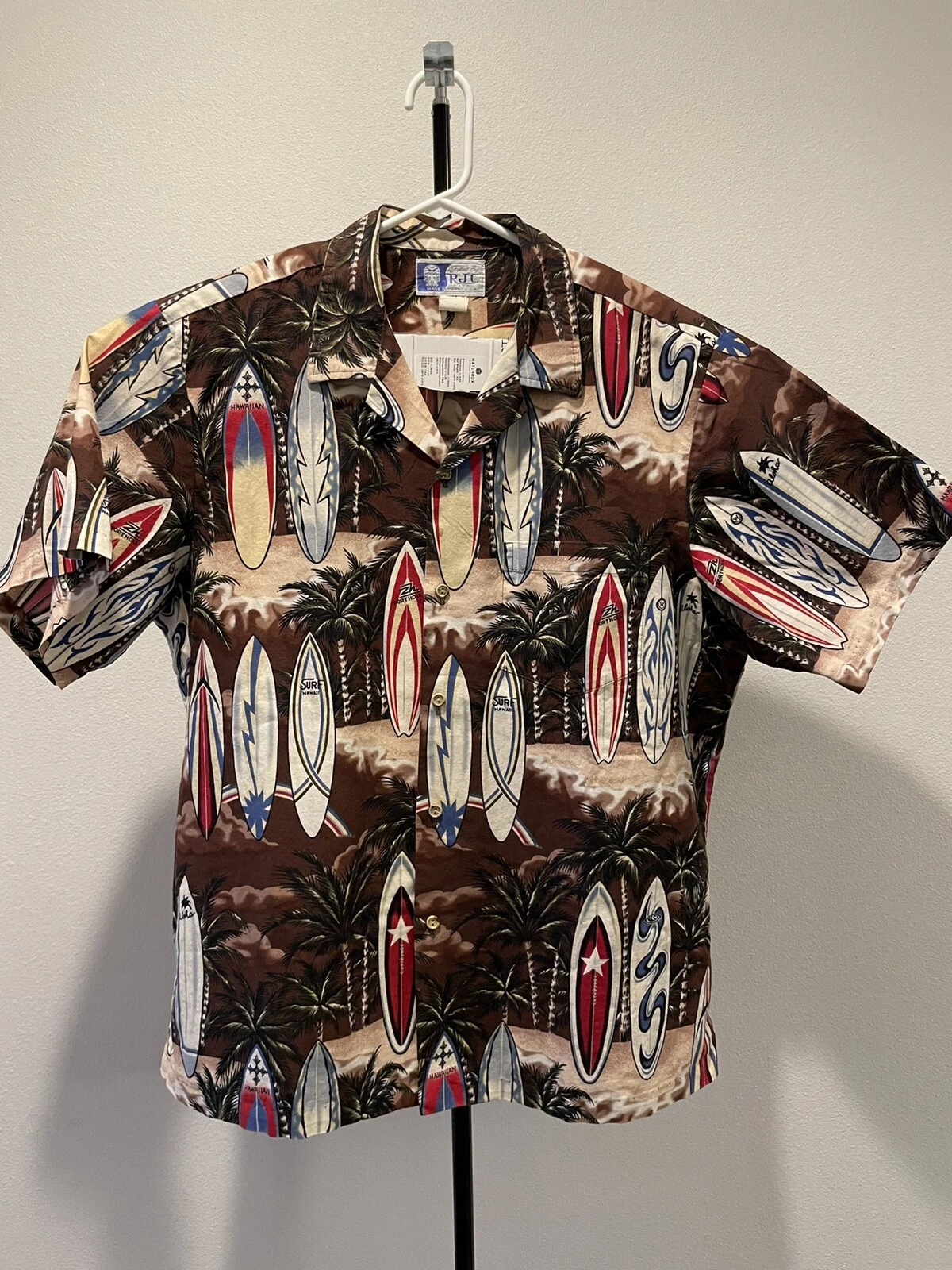 RJC Hawaiian Shirt Mens Size XL Short Sleeve Tiki Palm Tree Surfboards USA Made