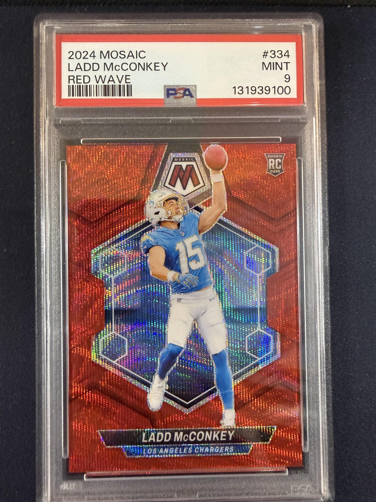#334 Ladd McConkey 2024 Panini Mosaic SN /9 Chargers Mosaic Red Wave