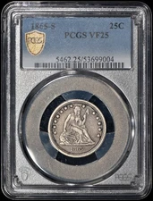 1865-S Seated Liberty Quarter 25c PCGS VF25 - Tough Date!