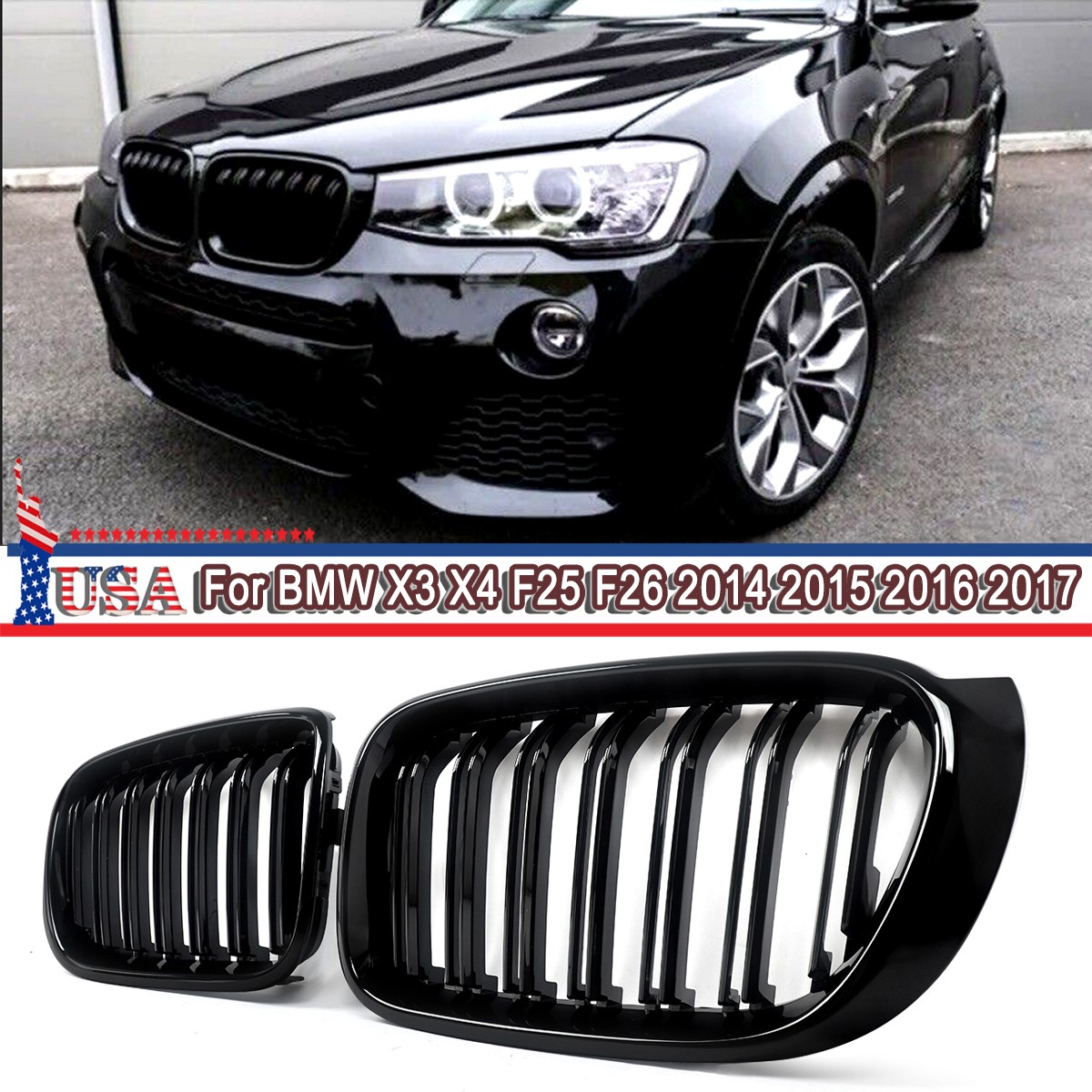 Pair Of Fog Light Covers For 2015-2017 BMW X3 & X4 (F25, F26) – Glossy Black ABS Grille Trim