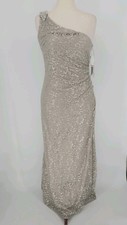 Betsy  Adam One Shoulder Lace Gown Champagne Rhinestone Formal MOB Dress Sz 12