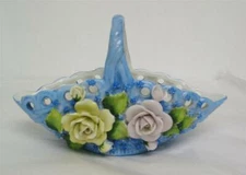 Vintage Porcelain Floral Roses Wicker Basket - Germany - Beautiful