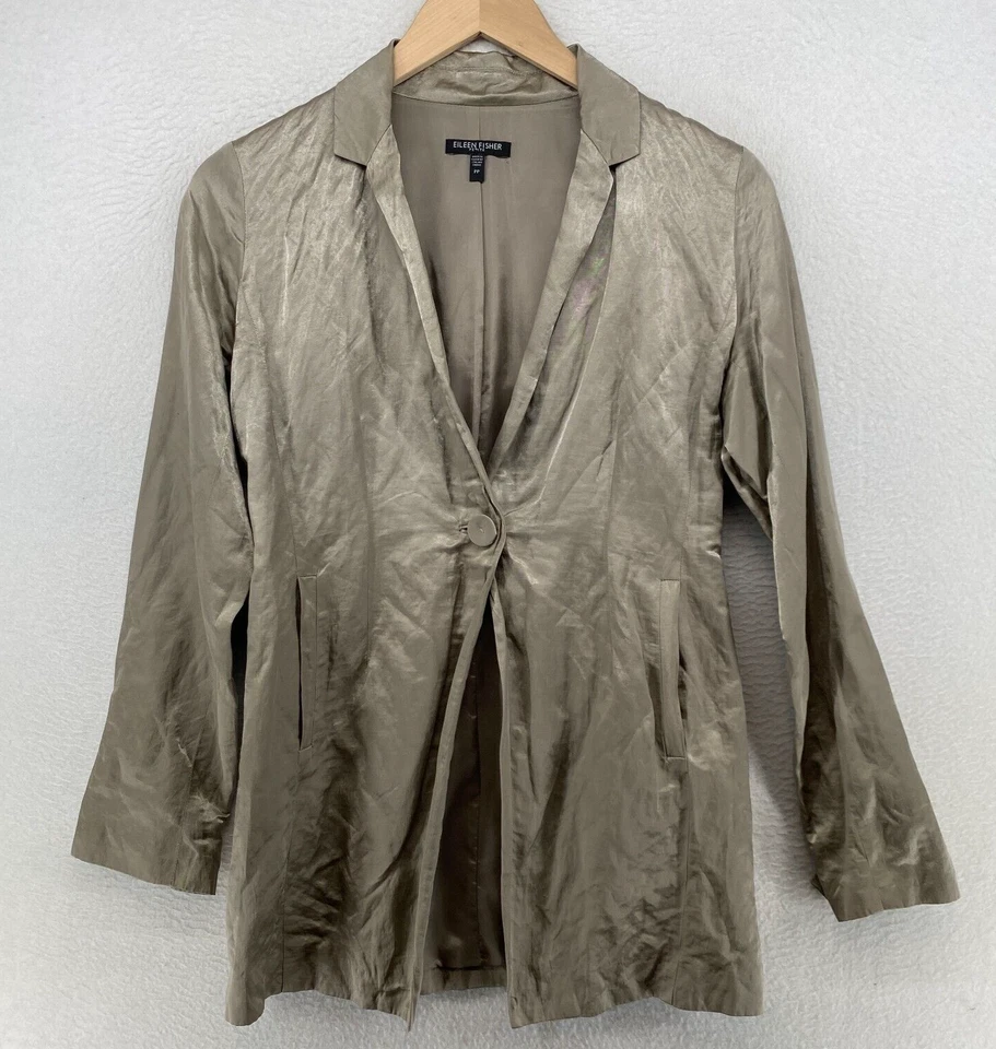 EILEEN FISHER Blazer PP Petite 棉混纺缎面钢夹克单扣银色 — 第 2/4 张图片