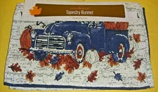 Perfect Harvest Fall Themed Blue Truck Tapestry Table Runner 13 in X 68 in