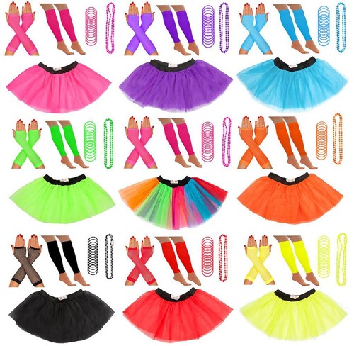 NEON TUTU RÖCKE 80ER SET SCHICKES KLEID BEINWÄRMER HANDSCHUHE PERLEN GUMMYS HENNE PARTY - Bild 1 von 10