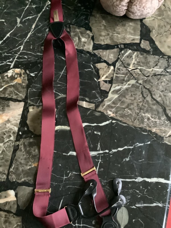 Trafalgar Solid Burgundy Silk Adjustable Gold Hardware Leather Trim Suspenders