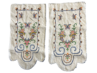(2) Vintage EMBROIDERED DRESSER SCARF Cross Stitch DETAILED BUTTERFLIES  Handmade