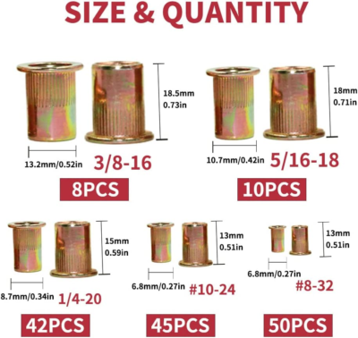 155PCS Rivet Nut Kit, Rivet Nuts Rivnuts 1/4-20#8-32#10-24 5/16-18