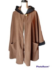 Lemoda Brown Cape Coat With Black Faux Fur Trim, Hood & Pockets