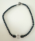 Crystal Multi Faceted Pendant Black Glass Beads Necklace Toggle Silver Tone Stun