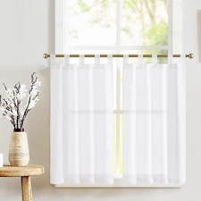 Farmhouse Linen Tier Curtains 36" White Tab Top Cafe Curtains - 2 Panels