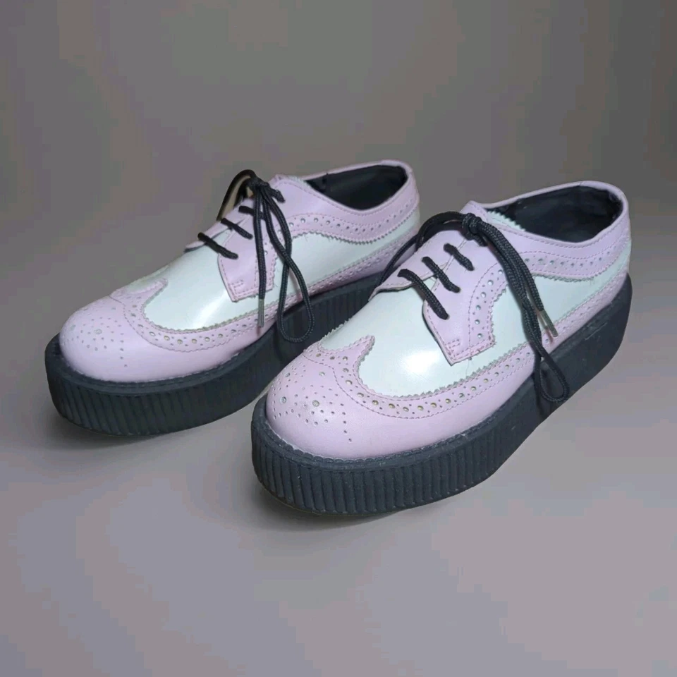 T.U.K. Zapatos Viva Suela Alta Creeper Rosa Blanco Cuero Punta de Ala Zapatos EU37 US 6 Foto 3 de 4