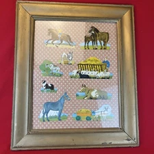 Vintage 1930s Style Framed Paper Doll Animal Farm House Cut Outs on Wall Paper
