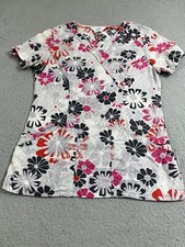 Code Happy Scrubs Top Women's XS Multi Color Floral Swiss Dots 5 Pockets V-Neck