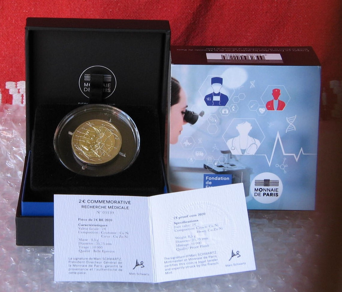Coffret, 2 Euro BE, FRANCE 2020, RECHERCHE MEDICALE,  2 € Commémorative Proof