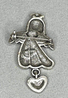 Pewter Tone Vintage Angel Brooch with Hanging Heart Charm Brooch