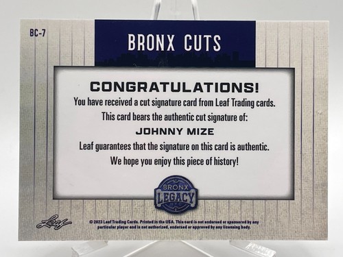 Johnny Mize 2023 Leaf Legacy Bronx Cuts Autograph Yankees On Card Auto C6 - Picture 2 of 2