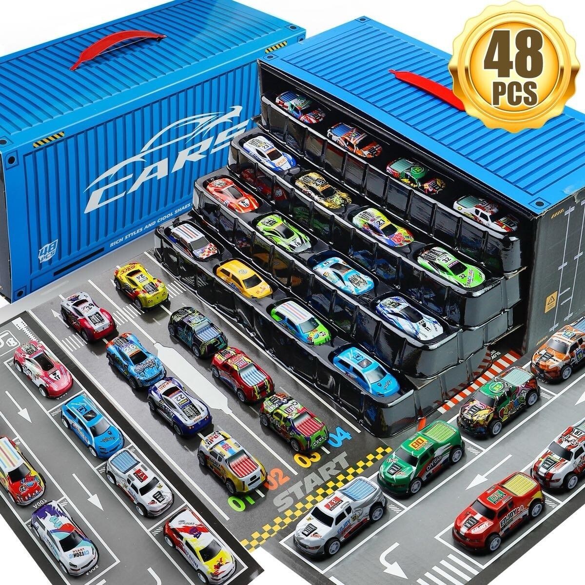 48-Piece Pull Back Cars Set with Garage Storage Box – Race Car