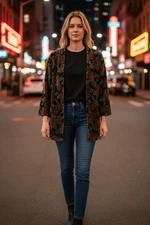 Vintage Velvet Floral Blazer Jacket Cardigan Black Multi Long Sleeve No Sz Read