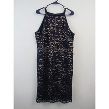 NWT Vince Camuto Size 16 Illusion Sheath Bodycon Sleeveless Lace Dress Blue Gold