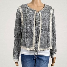Chico  s Textured Tweed Knit Fringe Open Front Blazer Jacket 2 LARGE 12 14 Gray