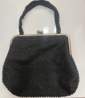Woman's Vintage 1950s Lumered Black Beaded Handbag with Clic Clac Closure