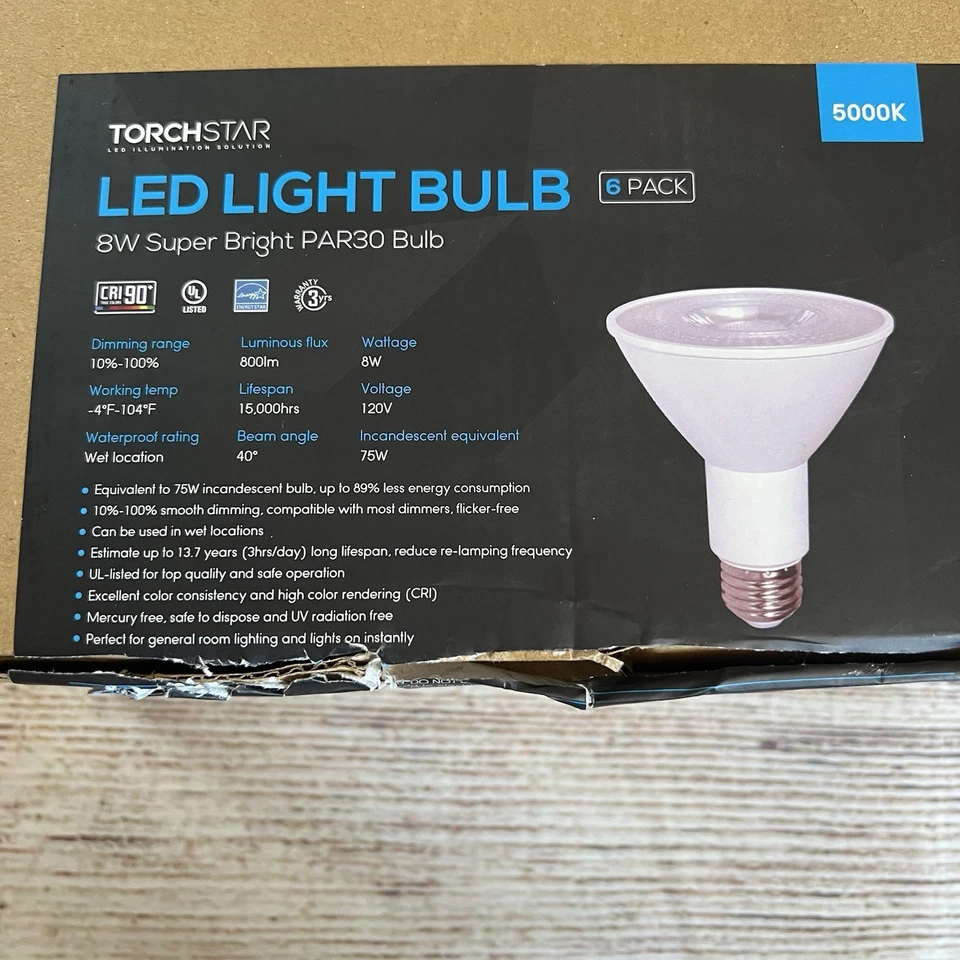 TorchStar LED Light Bulb 8W Super Bright PAR30 5000K 120V (6 Pack) Dimmable OB - Image 2 of 4