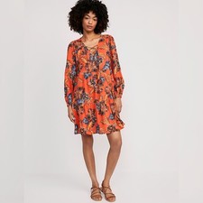 Old Navy - M Women Tie Neck Tiered Orange Floral Mini Swing Dress Boho