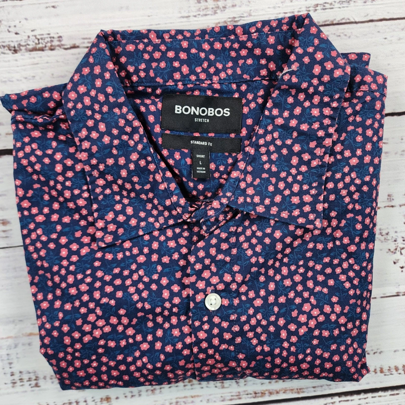 Bonobos Riviera Short Sleeve Shirt Mens Large Standard Fit Navy Pink Floral 2515