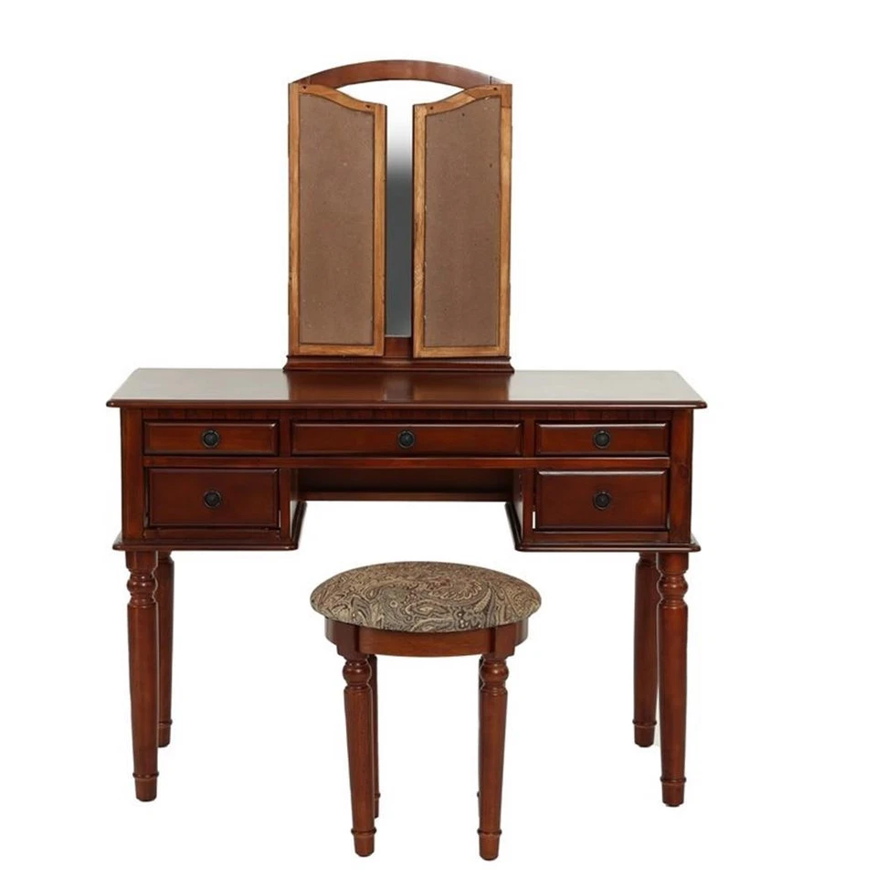 Juego de tocador de madera para muebles Poundex con espejo y taburete en color cereza Foto 4 de 4