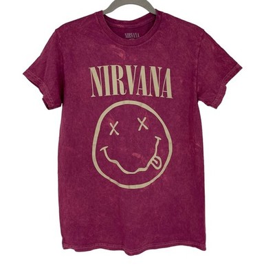 Officially Licensed Nirvana Nevermind Smiley Grunge Tee Magenta Acid Wash Small
