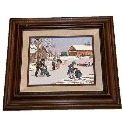 Vintage C. Carson Textured Print Oil Painting Winter Scene-Professionally Franed