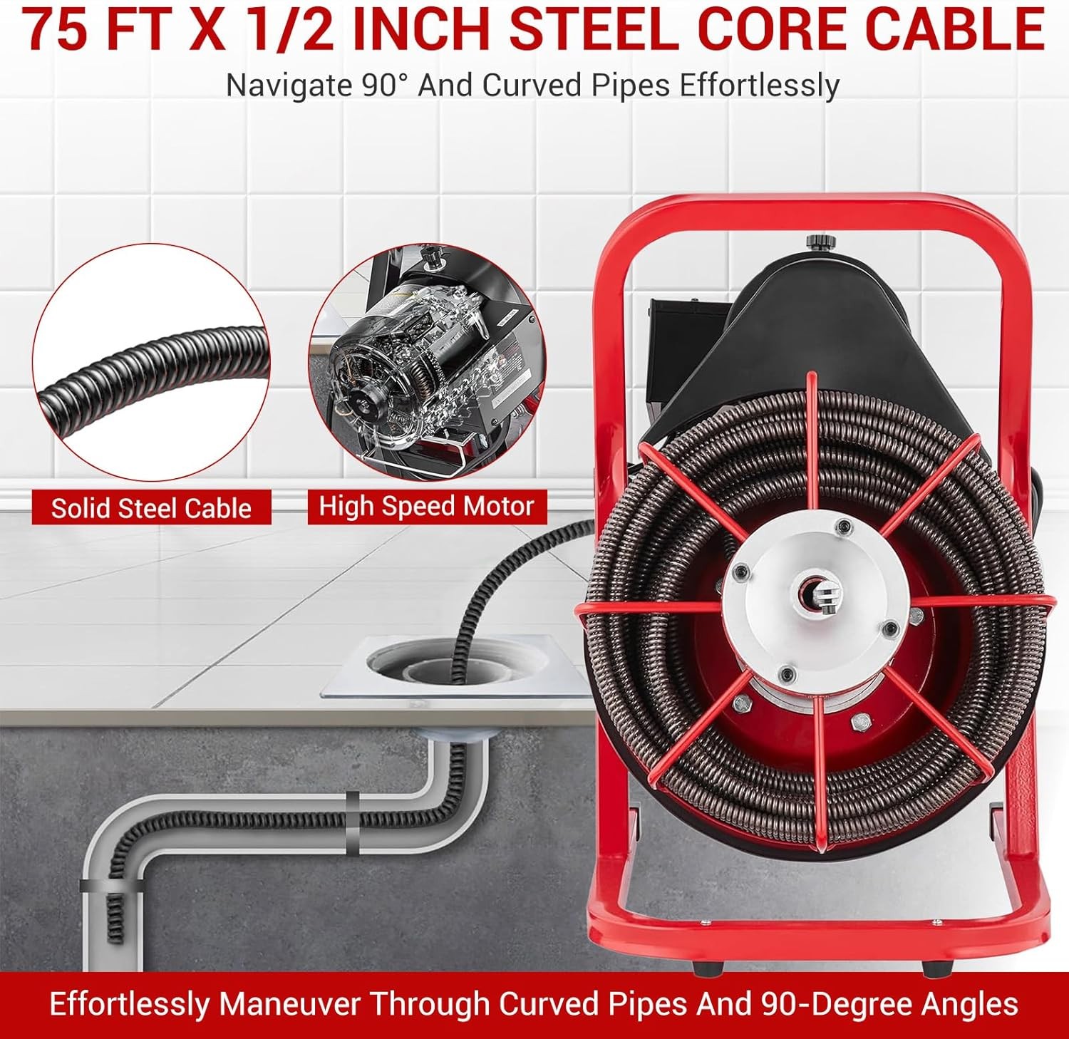 Machine Guide Feed 75FT x 1/2 Inch Drain Cleaner Machine Manual Feed with Cutters & Foot ...