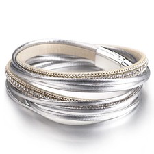Double Wrap PU Leather Bracelet Rhinestone Chain Magnetic Clasp Women Jewelry