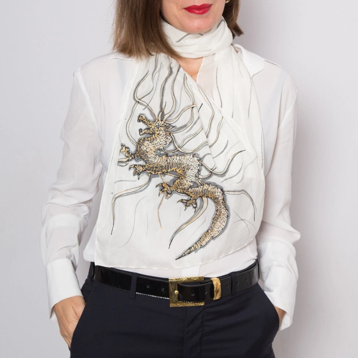 Hand Painted White Silk Cotton Scarf Dragon Print White Scarf Dragon Xmas Gift