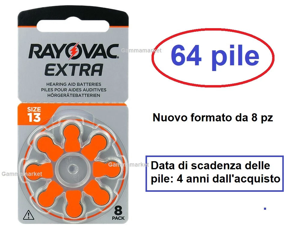 64 pile RAYOVAC EXTRA 13 x apparecchi acustici protesi acustiche
