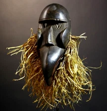 African Grebo mask tribal hand carved wood wall art with raffia vintage-G4805