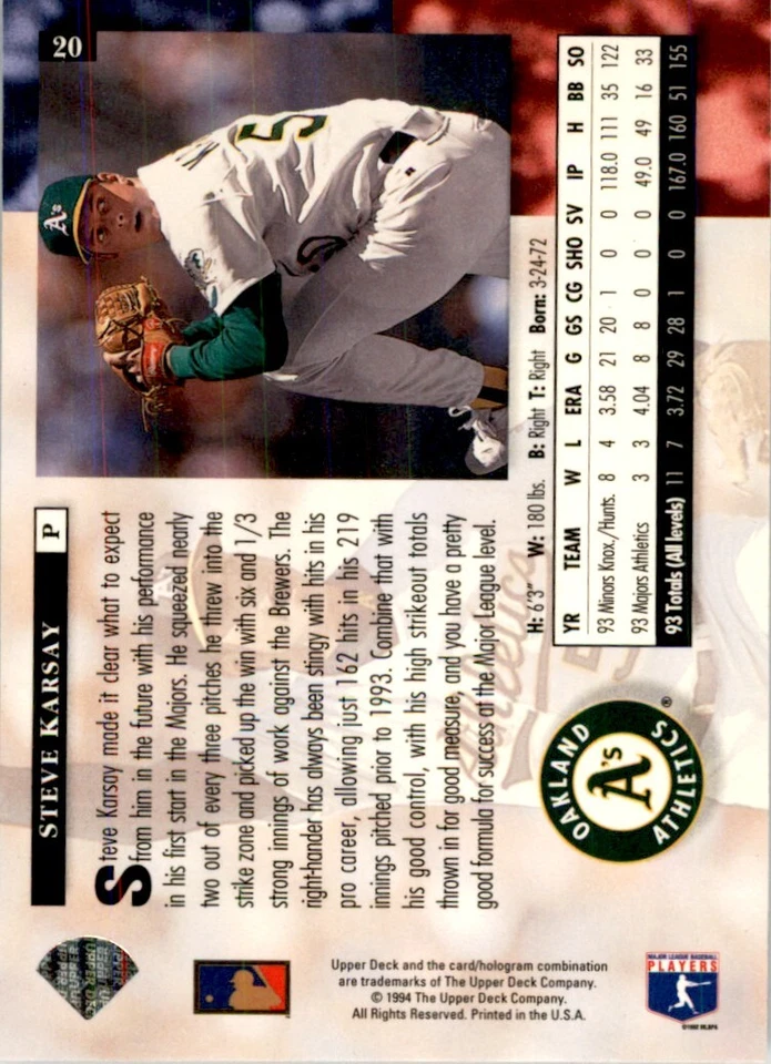 1994 UPPER DECK, STEVE KARSAY OAKLAND ATHLETICS #20 - Image 2 of 2