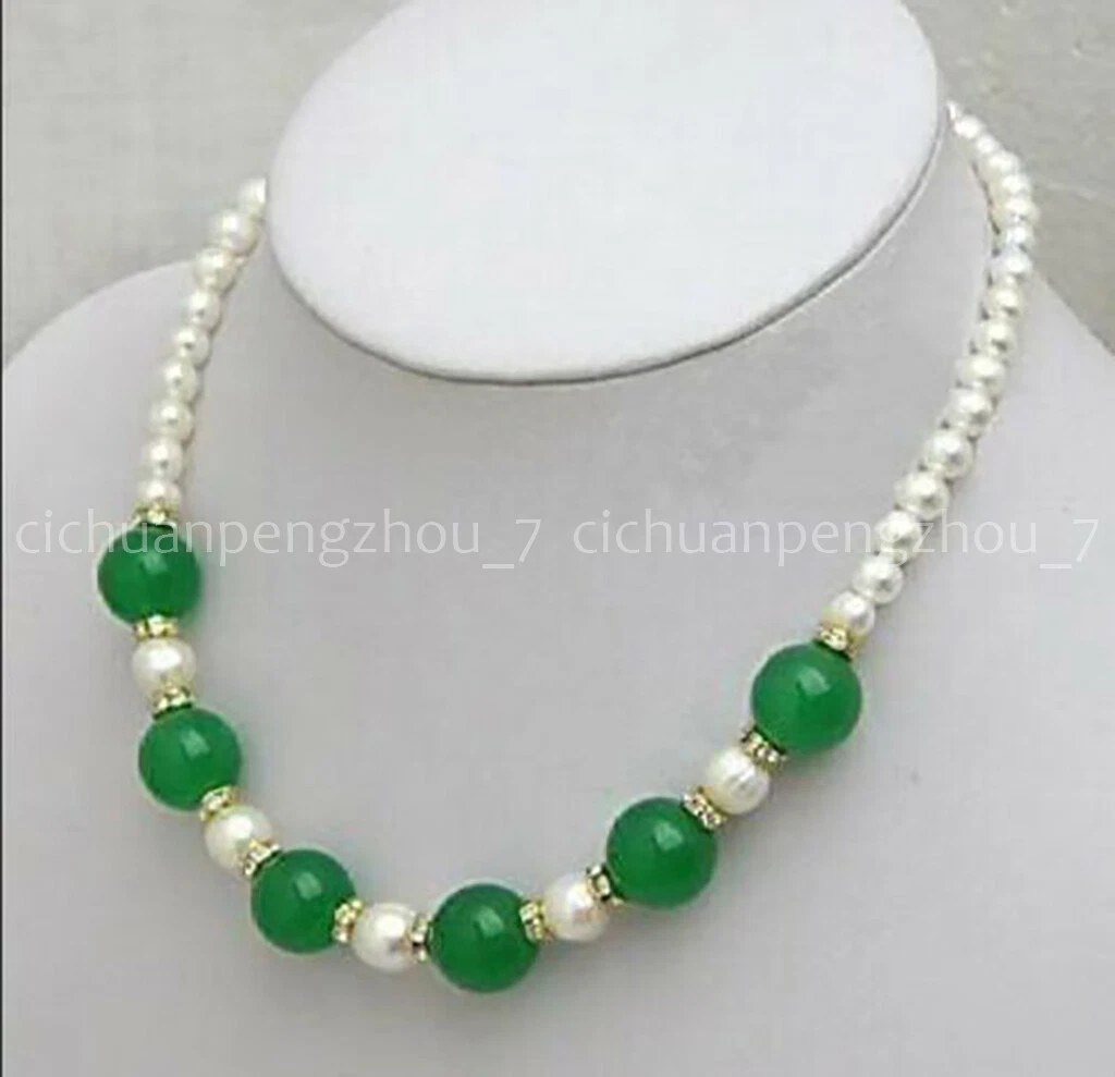 VETEMENTS Collana Giada Verde Naturale 7 8mm Perla Akoya Bianca Acqua Dolce 12mm 18''