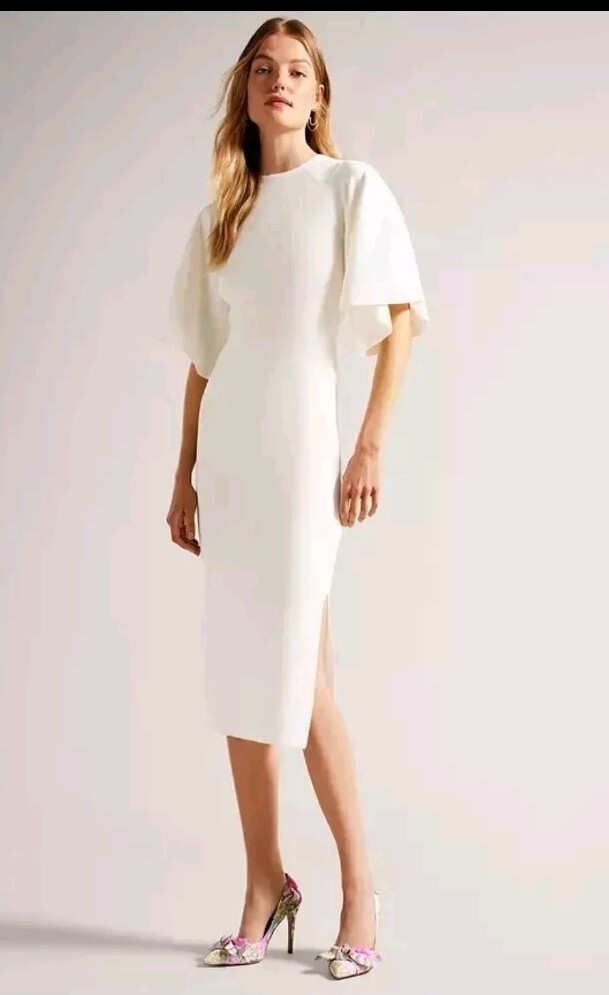 TED BAKER Lounia Fluted Sleeve Ivory Knitted Bodycon Dress size UK 14 ( 4 )